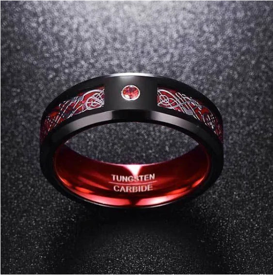 8MM Black and Red Tungsten Ring with Silver Dragon纹