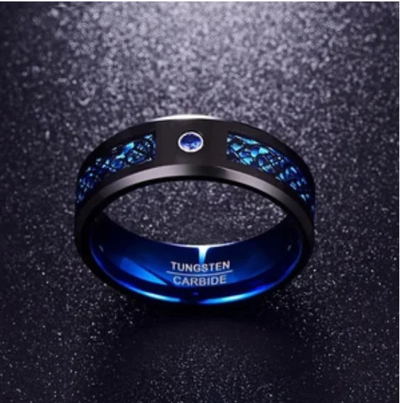 8MM Black and Red Tungsten Ring with Silver Dragon纹