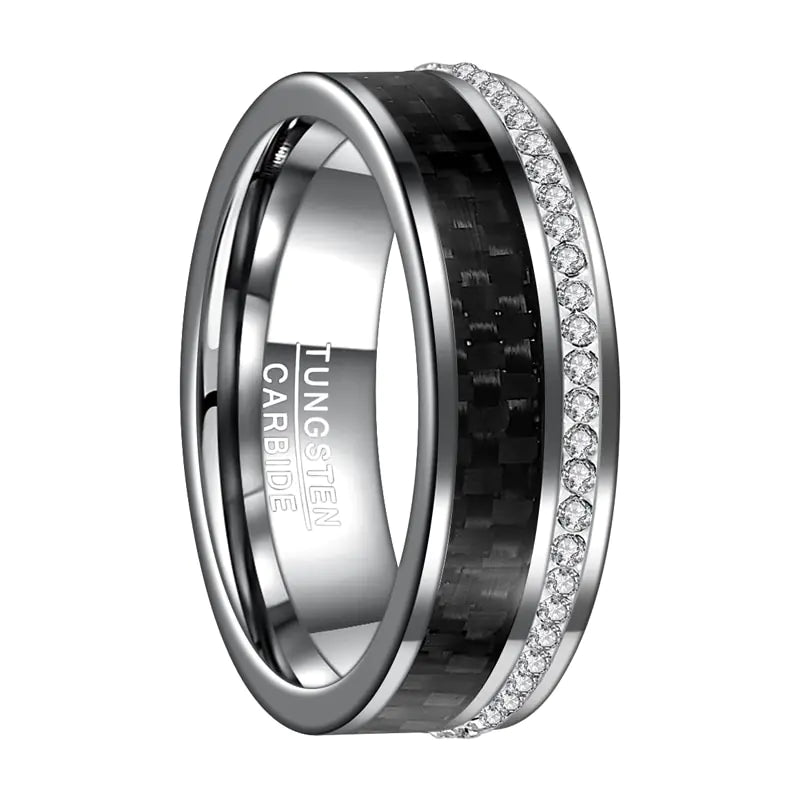 Black Carbon Fiber White Ring, Tungsten Wedding Ring