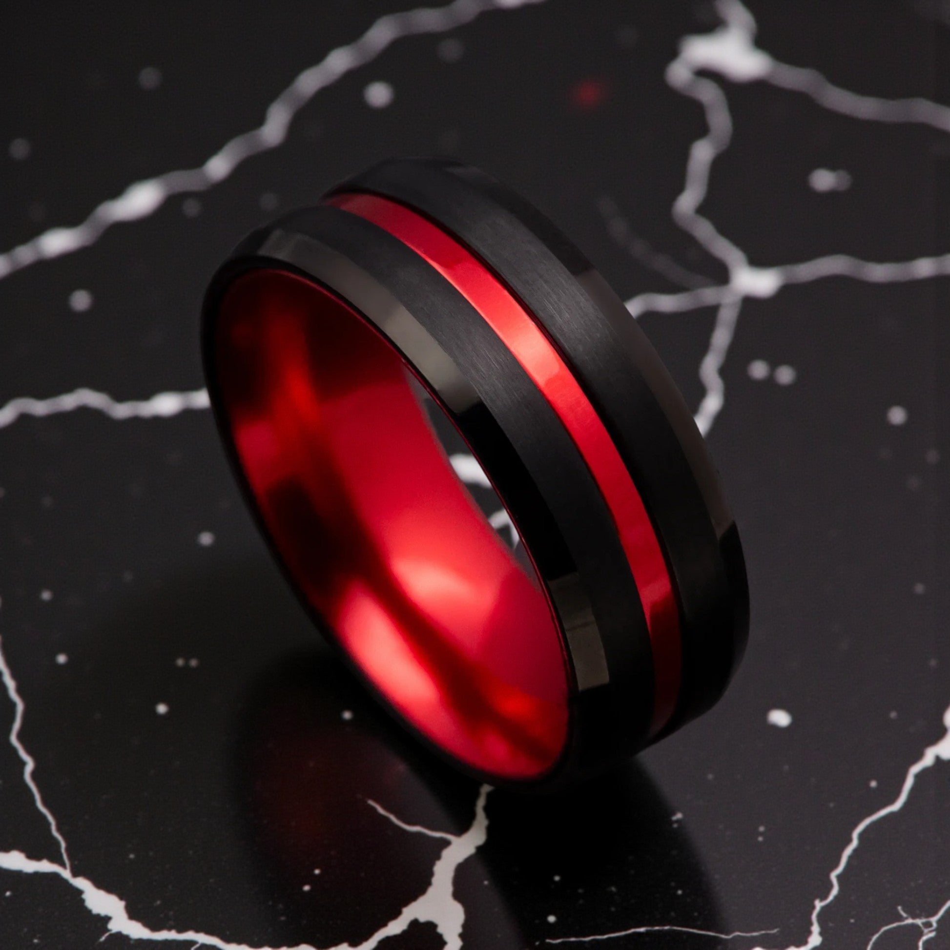 Black Tungsten Ring with Anodized Red Accents