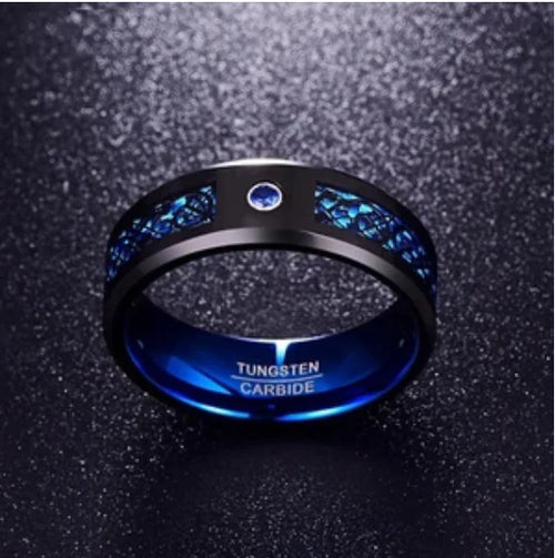 8MM Black and Red Tungsten Ring with Silver Dragon纹