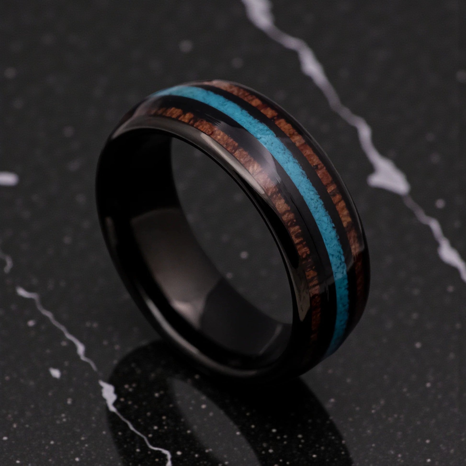 Black Tungsten Ring with Hawaiian Koa Wood and Turquoise Inlays