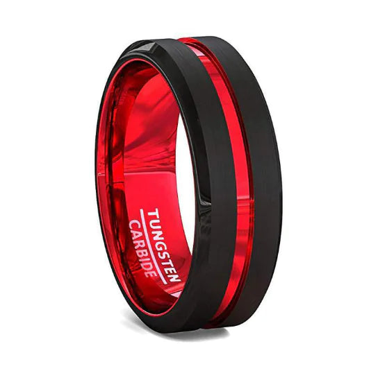 Black Tungsten Ring with Red Line, Fashion Jewelry